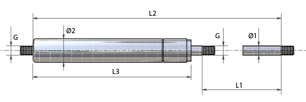 Schematische tekening - Foodgrade (FDA) gasveren in roestvrij staal 316