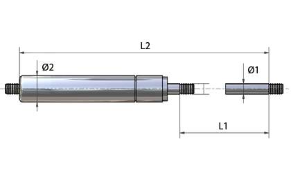 Schematische tekening - RVS (AISI 304) gasveren met schroefdraad